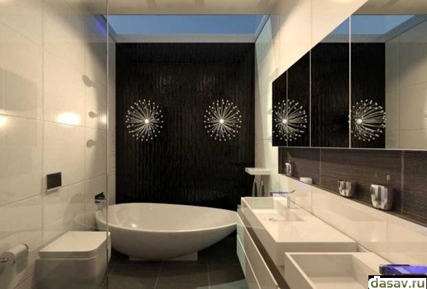 Дизайн черно-белой ванной комнаты, в результате фантастические цветы